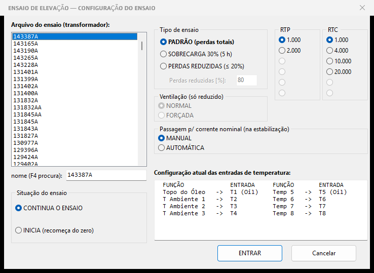 Tela de configuração do ensaio no ELEVA mostrando a lista de entradas de temperatura T1 a T8 com a função de cada canal.