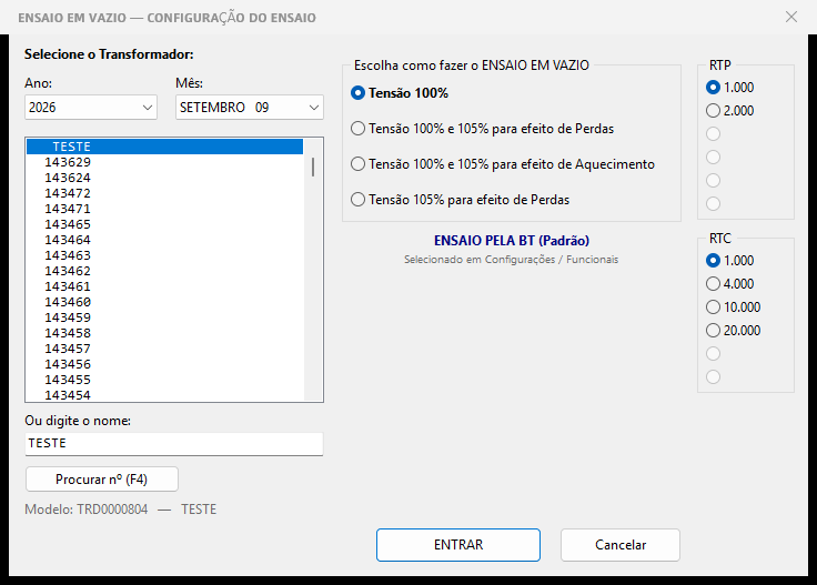 Tela de configuração do ensaio em vazio: seleção do transformador, tipo de ensaio e relações de RTP e RTC.