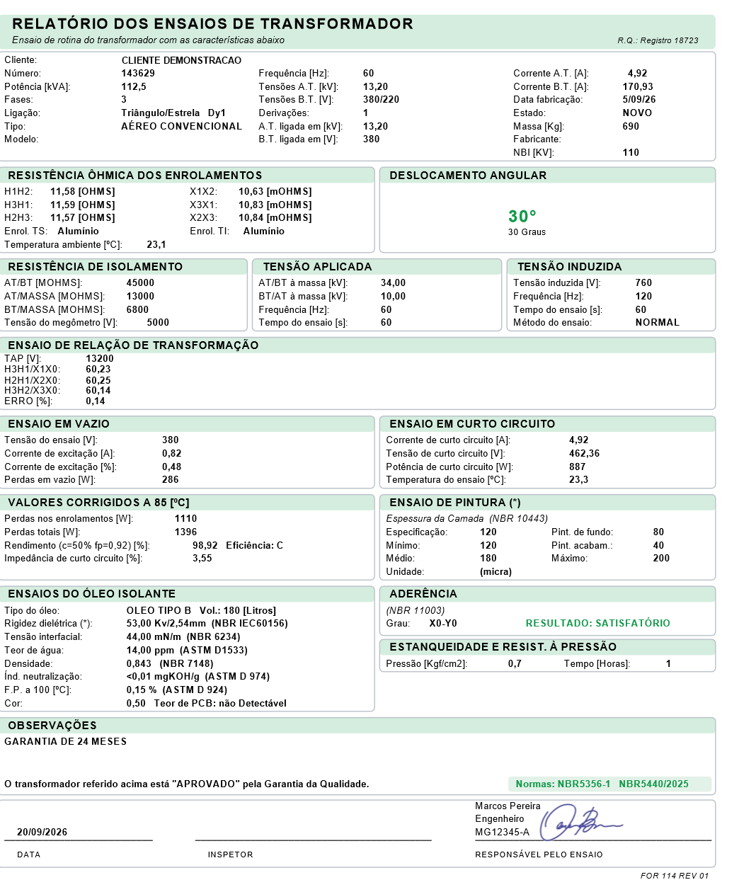 Exemplo de relatório de ensaios de transformador em PDF gerado pelo TRANS4, com todas as seções de ensaio preenchidas.